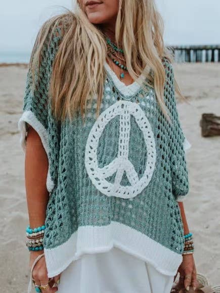 Love & peace open knit top short sleeve oversized crochet top