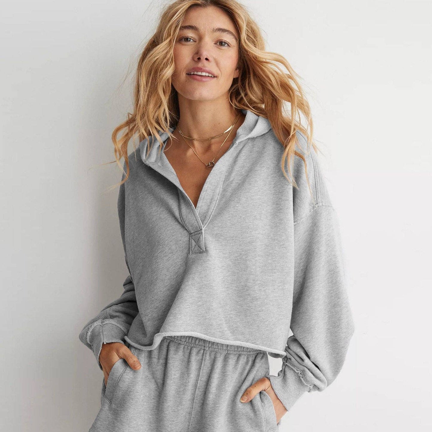 V-Neck Hoodie Long Sleeve Pullover Sweatshirt