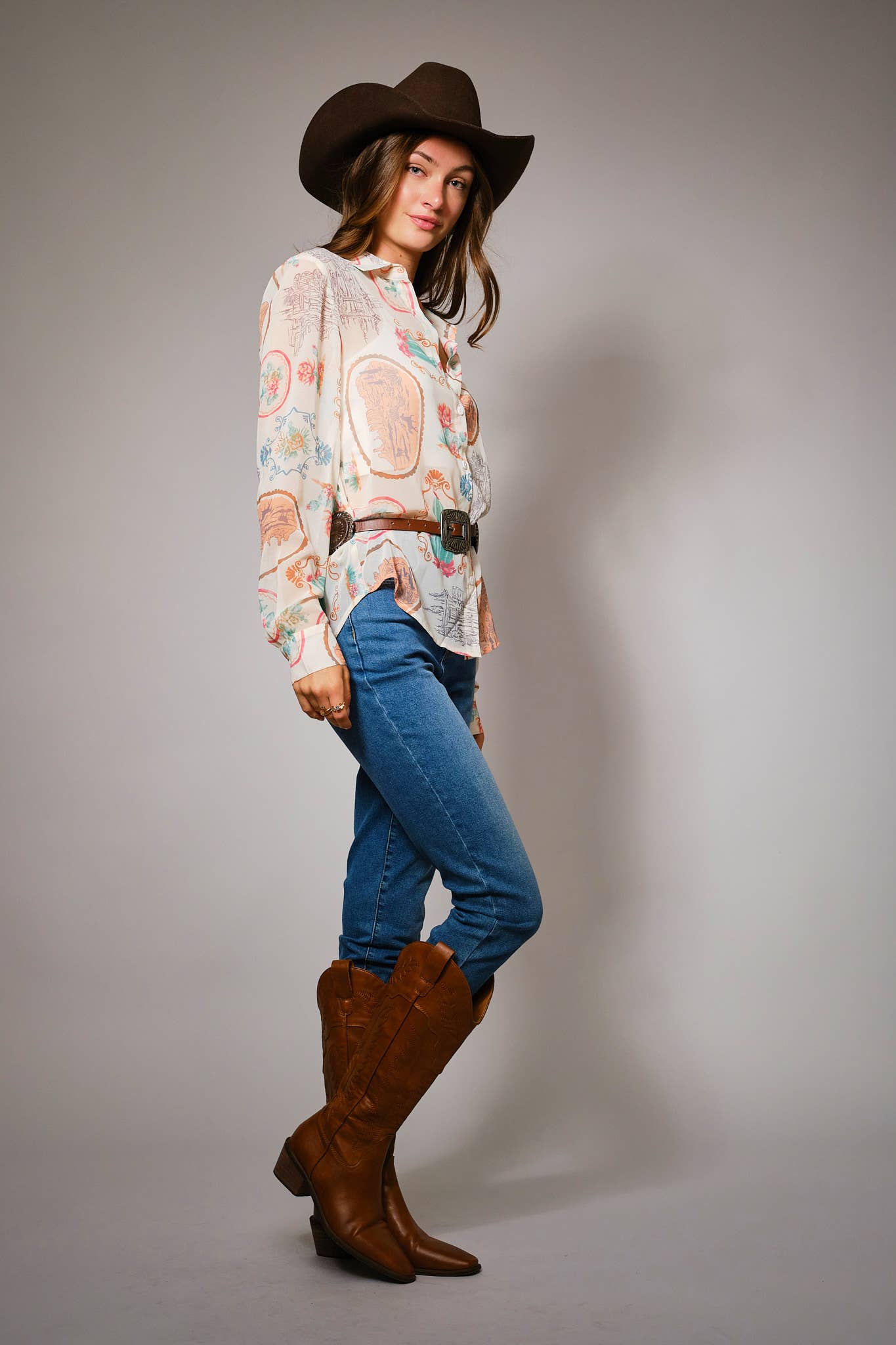 Montana Boho Western Spirit: Western Print Chiffon Shirt