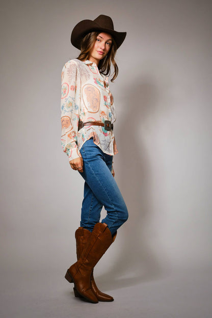 Montana Boho Western Spirit: Western Print Chiffon Shirt