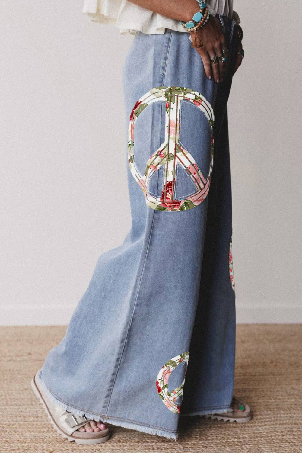 Floral Peace Sign Embroidered Patch Wide Leg Jeans: FREE SPIRIT DREAMER Series: Boho & Free-People loving styles.  