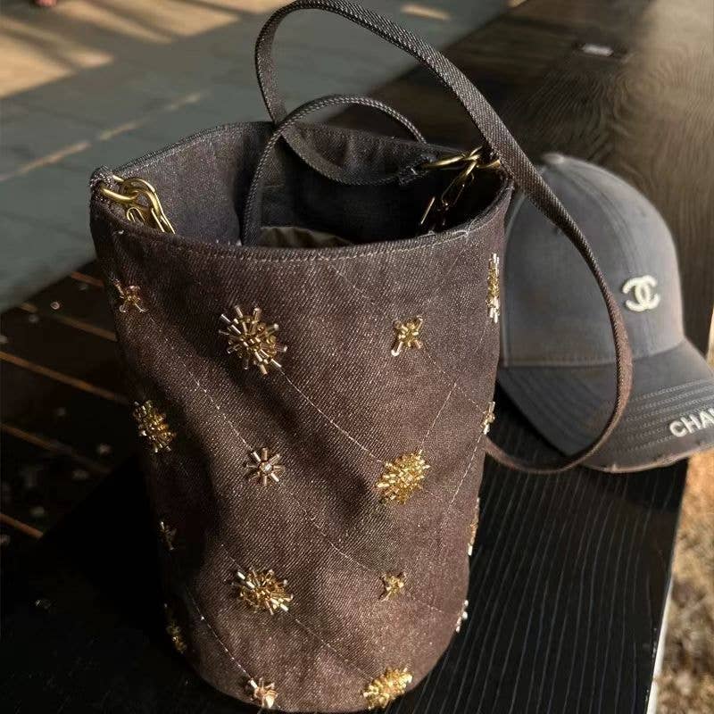 Boho & Free-People Loving Style: Studded Denim Shoulder Bucket bag