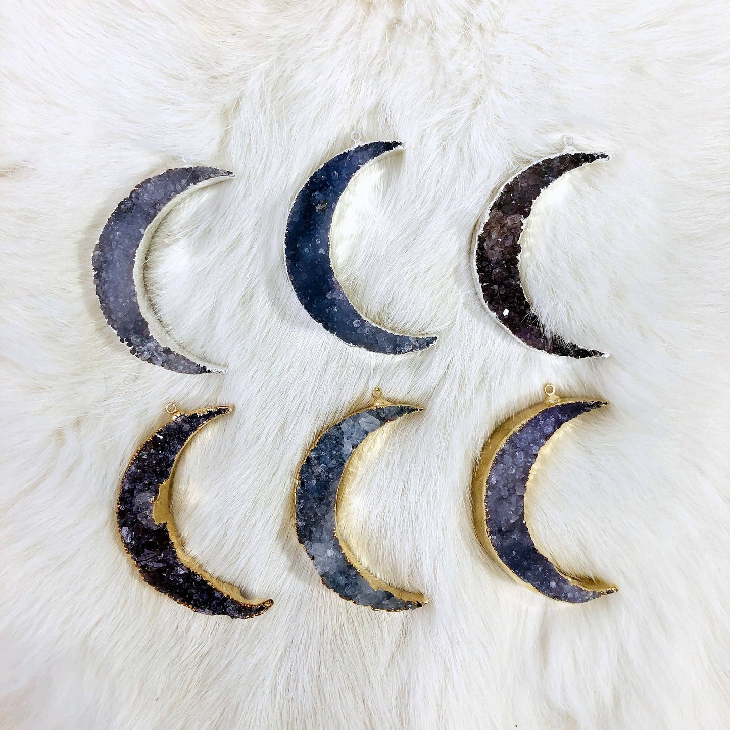 Druzy Moon Pendants with Electroplated 24k Gold/Silver Edge
