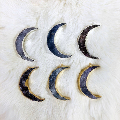 Druzy Moon Pendants with Electroplated 24k Gold/Silver Edge