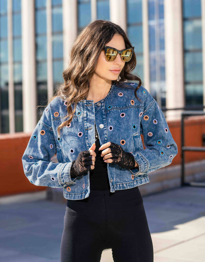 Multicolor Grommet Cropped Denim Jacket