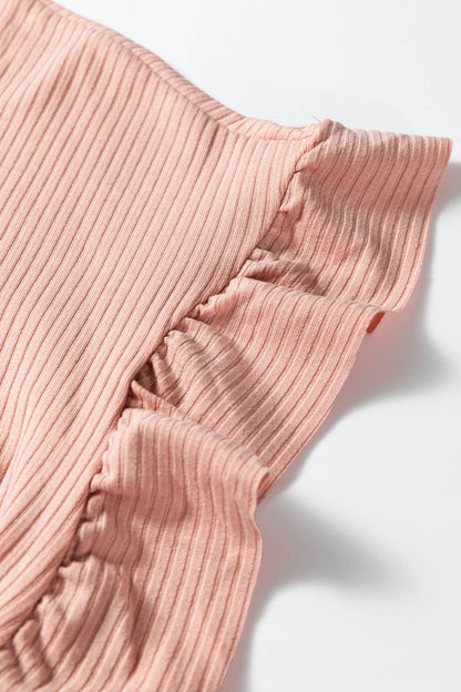 Casual Wanderer COMFY Series:Solid Color Ribbed Ruffled Short Sleeve T Shirt