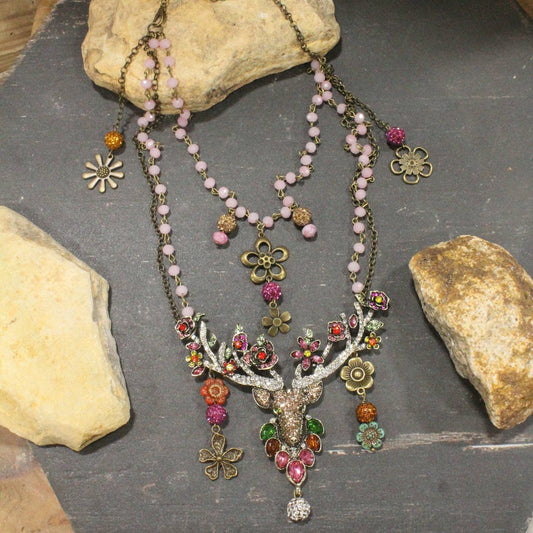 Dolled Up Doe & Flowers Layered Necklace: FREE SPIRIT DREAMER Series: Boho & Free-People loving styles.