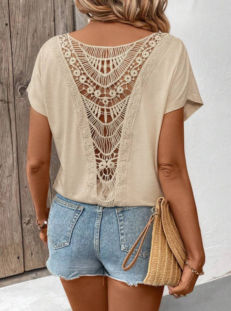Backless Crochet Short-Sleeve T-Shirt Top— FREE SPIRIT DREAMER Series: Boho & Free-People loving styles.