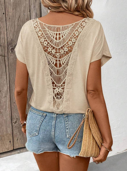 Backless Crochet Short-Sleeve T-Shirt Top— FREE SPIRIT DREAMER Series: Boho & Free-People loving styles.