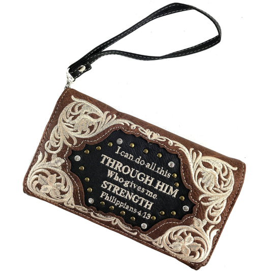 Montana Boho/Western Spirit Handbag: Bible Verse Philippians 4:13 Embroidery Crossbody Wallet