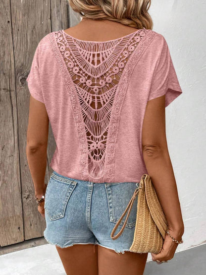 Backless Crochet Short-Sleeve T-Shirt Top— FREE SPIRIT DREAMER Series: Boho & Free-People loving styles.