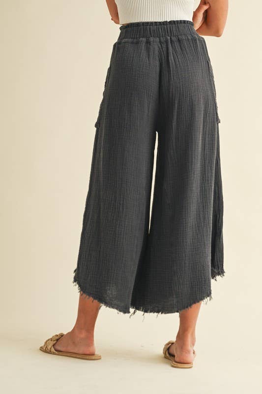 Mineral Washed Fray Hem Linen Cotton Wide Pants