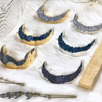 Druzy Moon Pendants with Electroplated 24k Gold/Silver Edge
