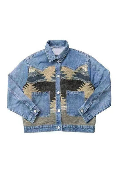 Denim Jacket with contrast fabric Aztec Print