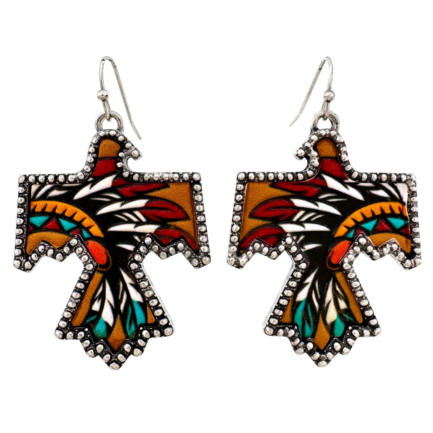 Montana Boho/Western Spirit Jewelry: Tooled Leather Chieftain Headdress Thunderbird Metal Earrings