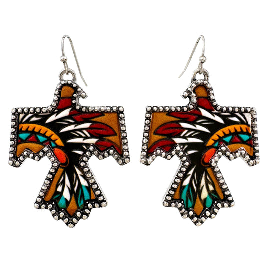 Montana Boho/Western Spirit Jewelry: Tooled Leather Chieftain Headdress Thunderbird Metal Earrings