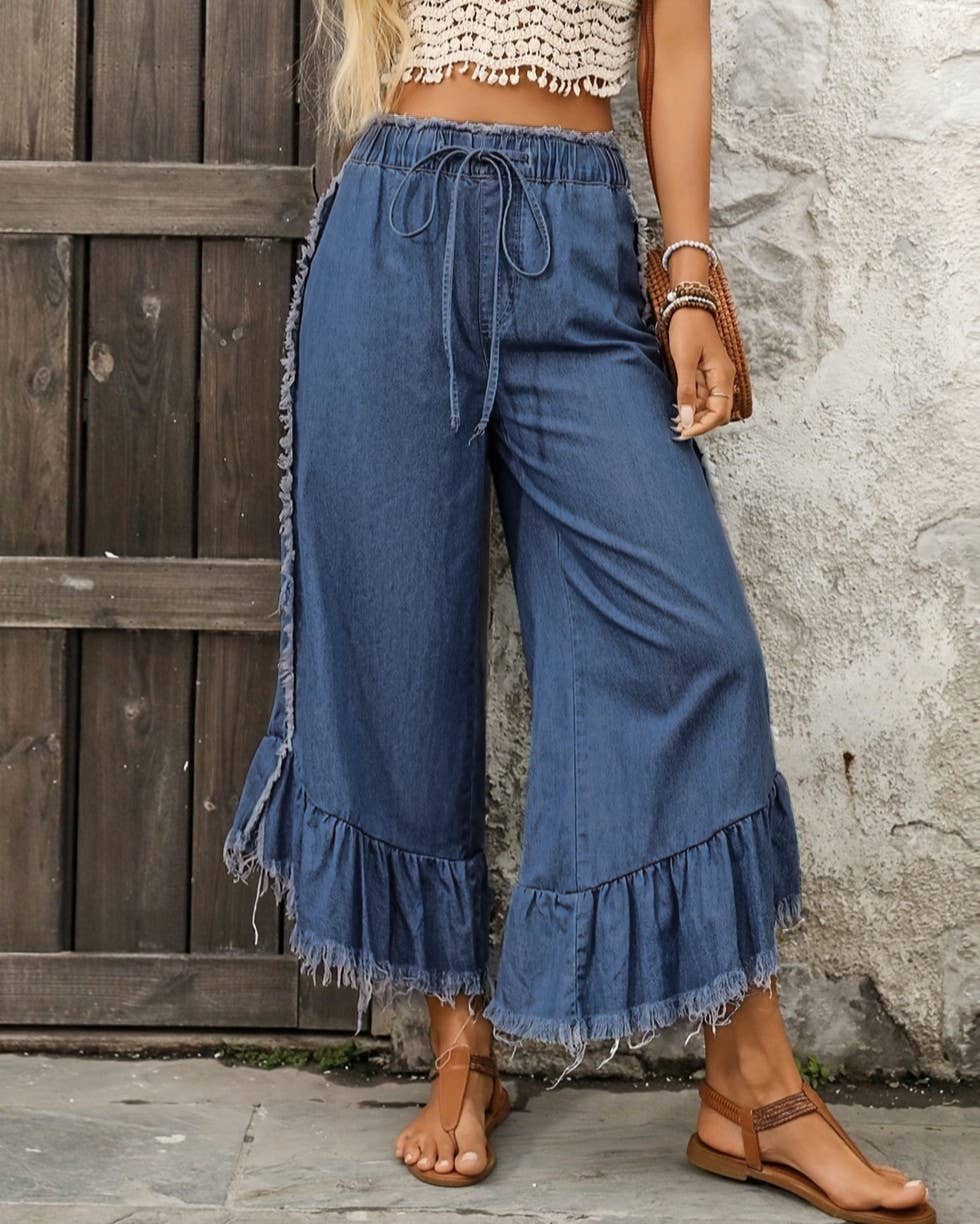 Boho High Waist Ruffle Frayed Denim Palazzo Pants