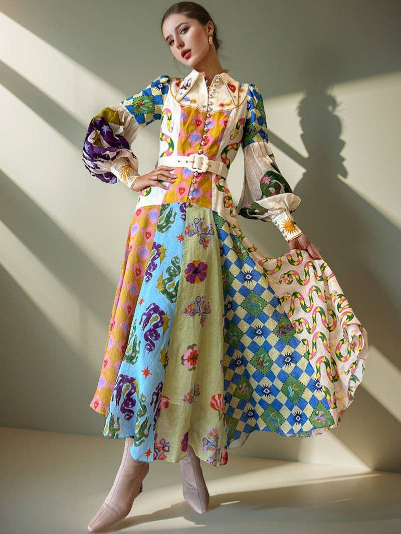 Be A Show-Stopper—Simply IRRESISTIBLE: Patchwork Print Long Sleeve Maxi Dress