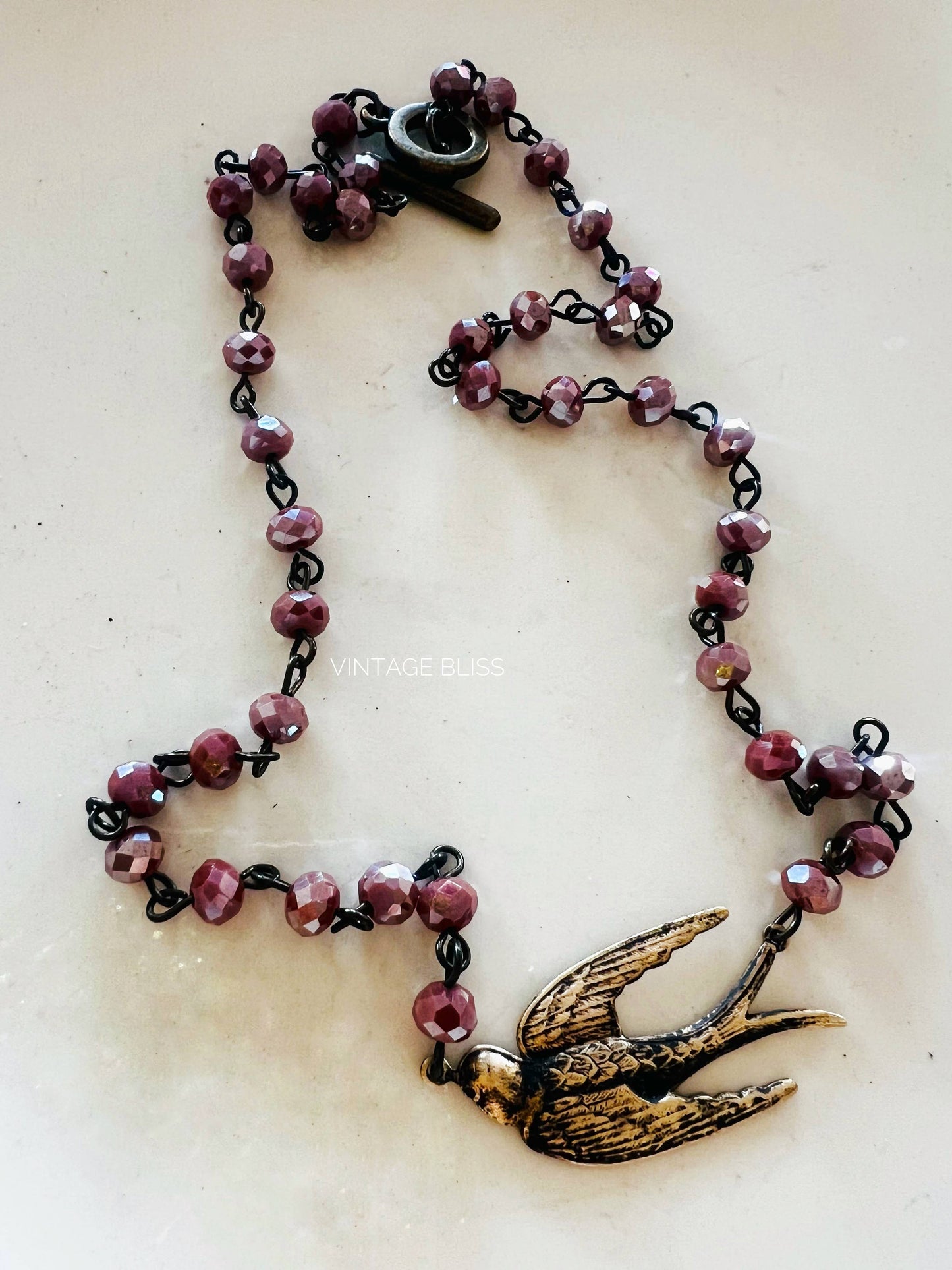 Fly Away Sparrow Brass Patina Beaded Chain Necklace: Montana Boho Western Spirit Jewelry