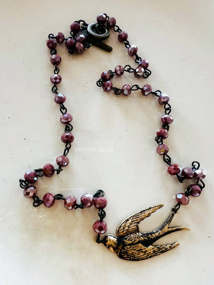 Fly Away Sparrow Brass Patina Beaded Chain Necklace: Montana Boho Western Spirit Jewelry