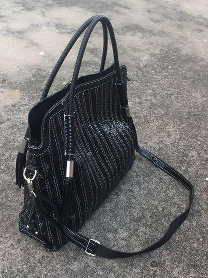 Montana Boho Western Spirit Fashion: This yummy fashion speaks to your boho western spirit, and this statement is a true Yellowstone-Vibe: Split-joint Striped Shoulder Sling Leather Bag