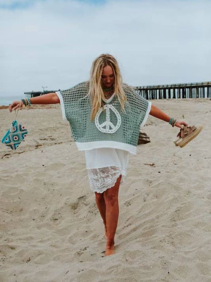 Love & peace open knit top short sleeve oversized crochet top