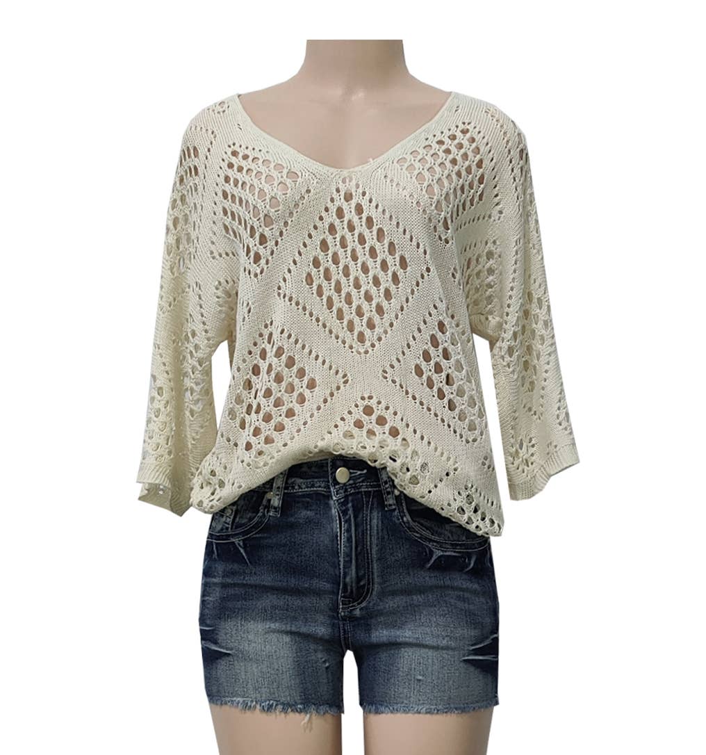 Bohemian Hollow Batwing Sleeve Crochet Poncho Top