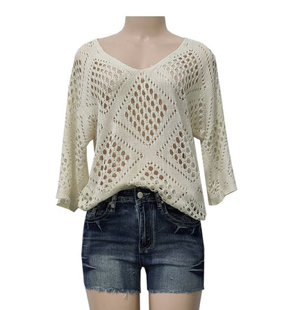 Bohemian Hollow Batwing Sleeve Crochet Poncho Top
