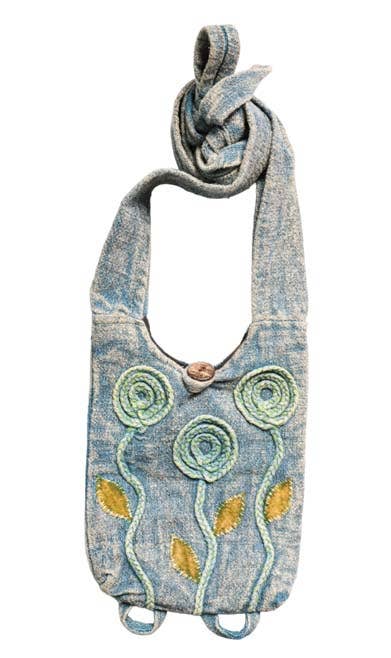 Cotton Crossbody Bag Tie Top with 3 Hand Woven Flowers Blue