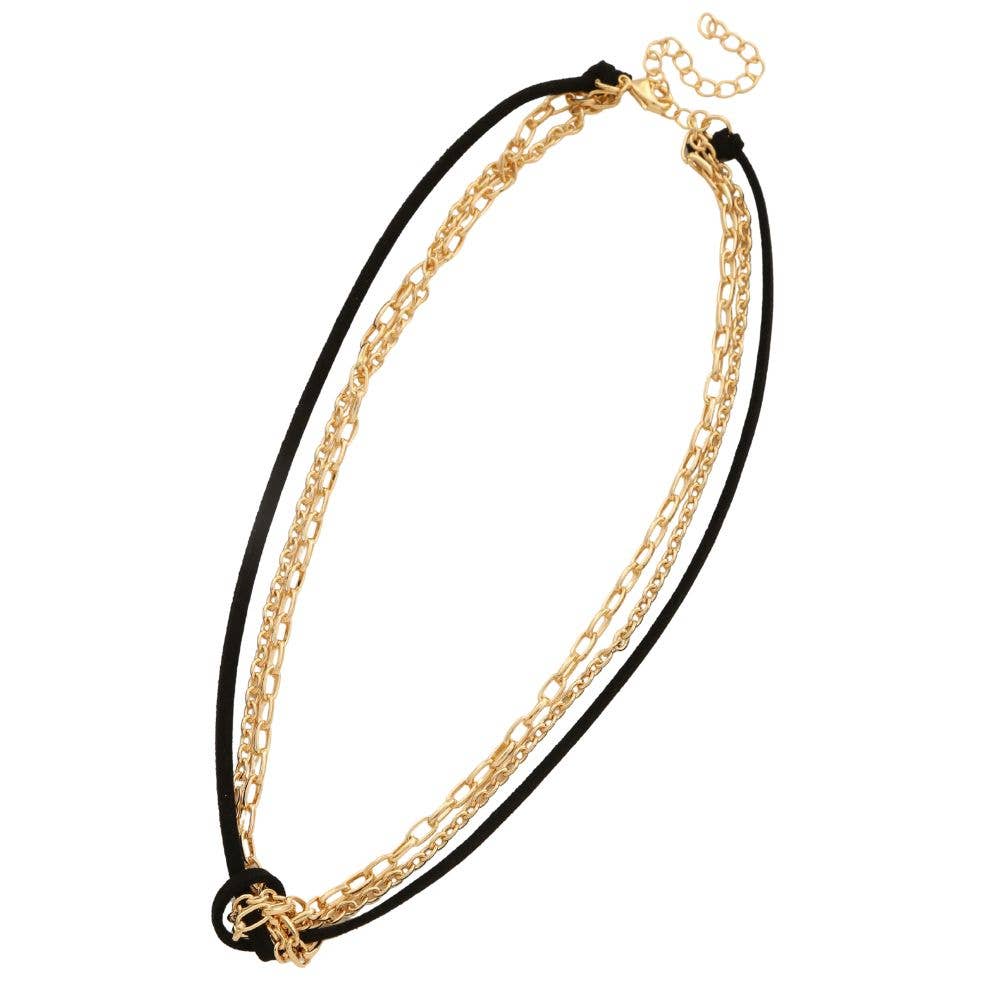 SODAJO CHAIN CORD LAYERED GOLD DIPPED NECKLACE, Leather & Gold