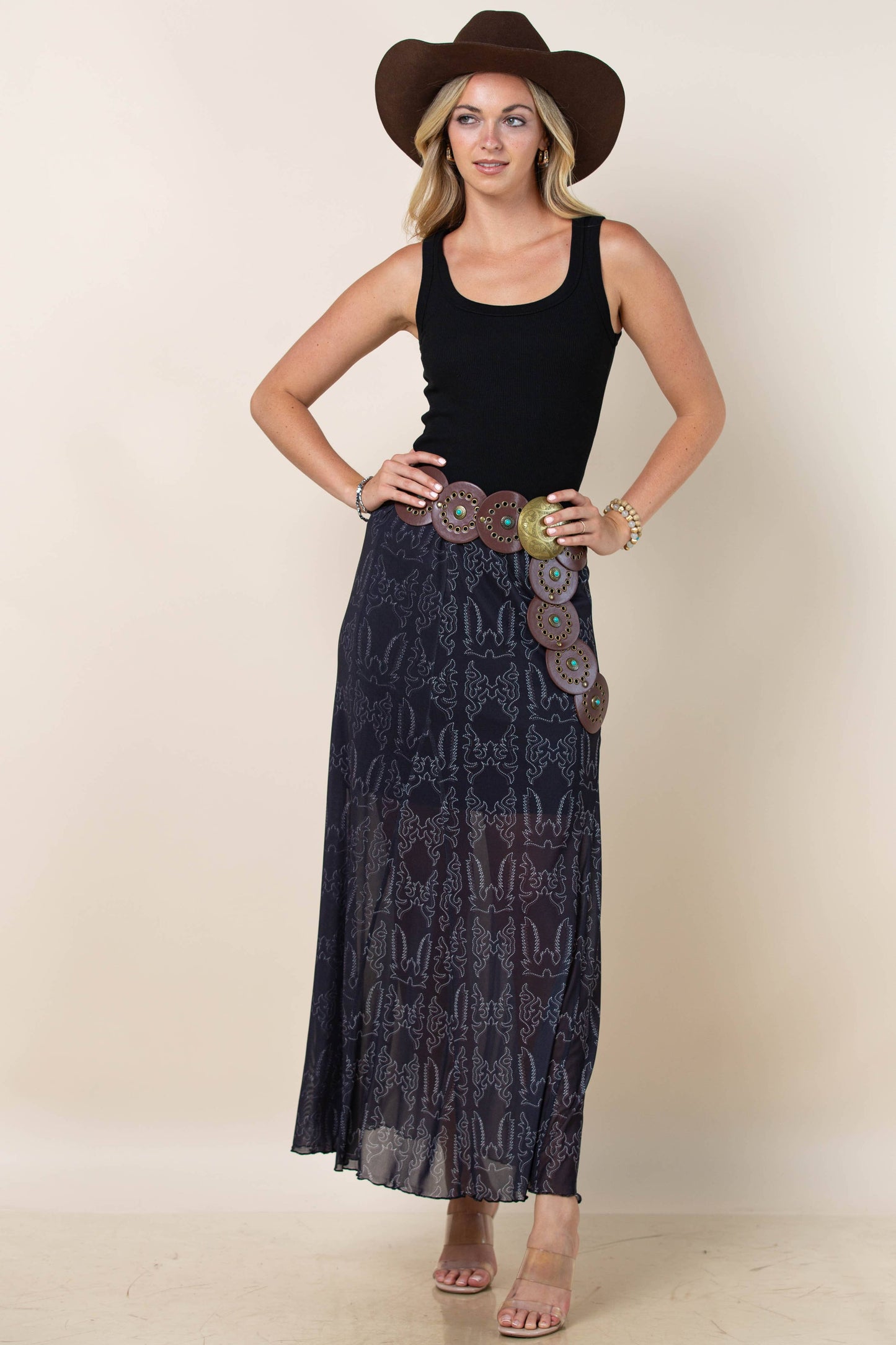Montana Boho/Western Spirit Fashion:-REESE BOOTSTITCH PRINT A-LINE LINED MESH SKIRT