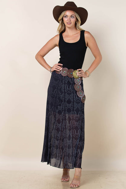 Montana Boho/Western Spirit Fashion:-REESE BOOTSTITCH PRINT A-LINE LINED MESH SKIRT