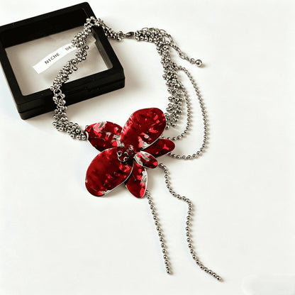 Vintage Drop Oil Flowers Pendant Tassel Necklace, Retro