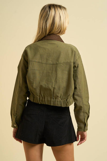 Cropped Utility Jacket with Contrast Collar (OLIVE w/Brown Collar)