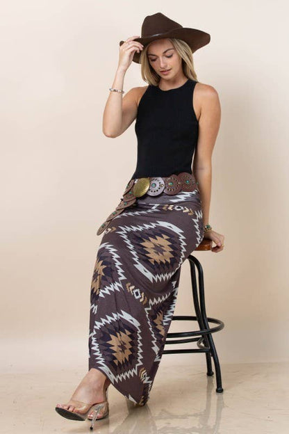 Montana Boho Western Spirit Fashion:  AZTEC PRINT A-LINE KNIT FULL SKIRT