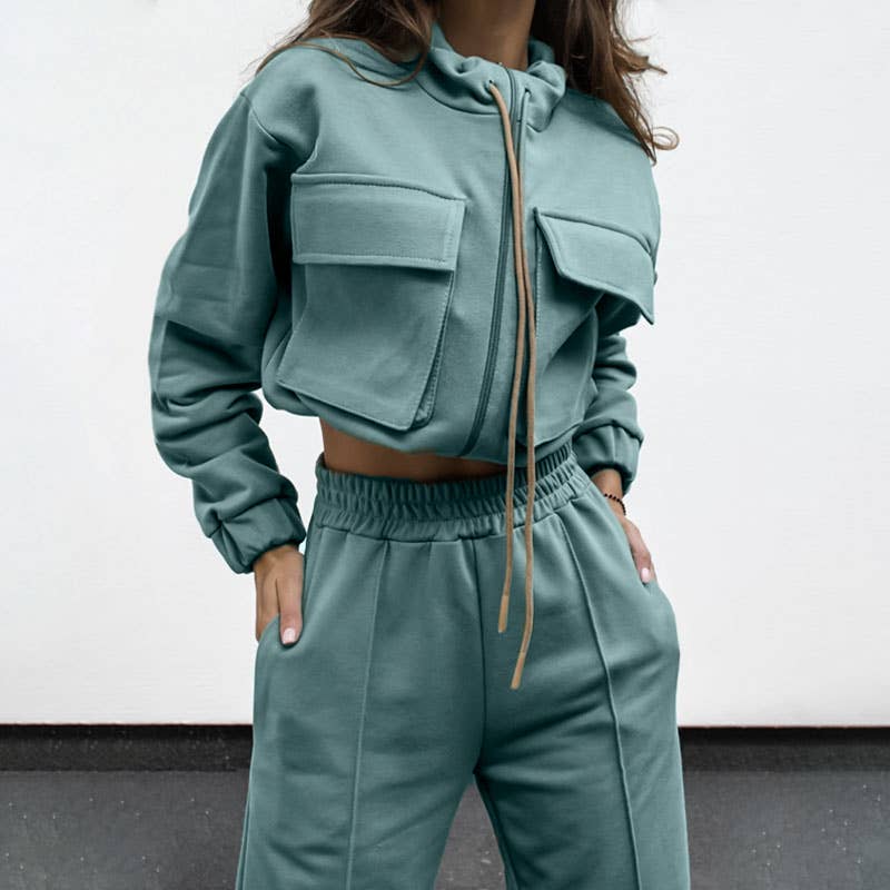 Casual Comfort Series: Drawstring zip-up sweatshirt & pant (Teal 2-PC)