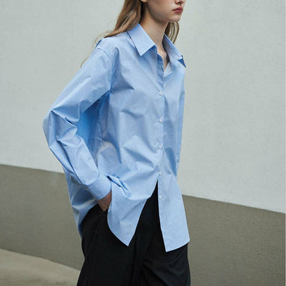 Be A Show-Stopper—Simply IRRESISTIBLE: Blue Oversized Cotton Shirt Button-Down Casual Long Sleeve Top