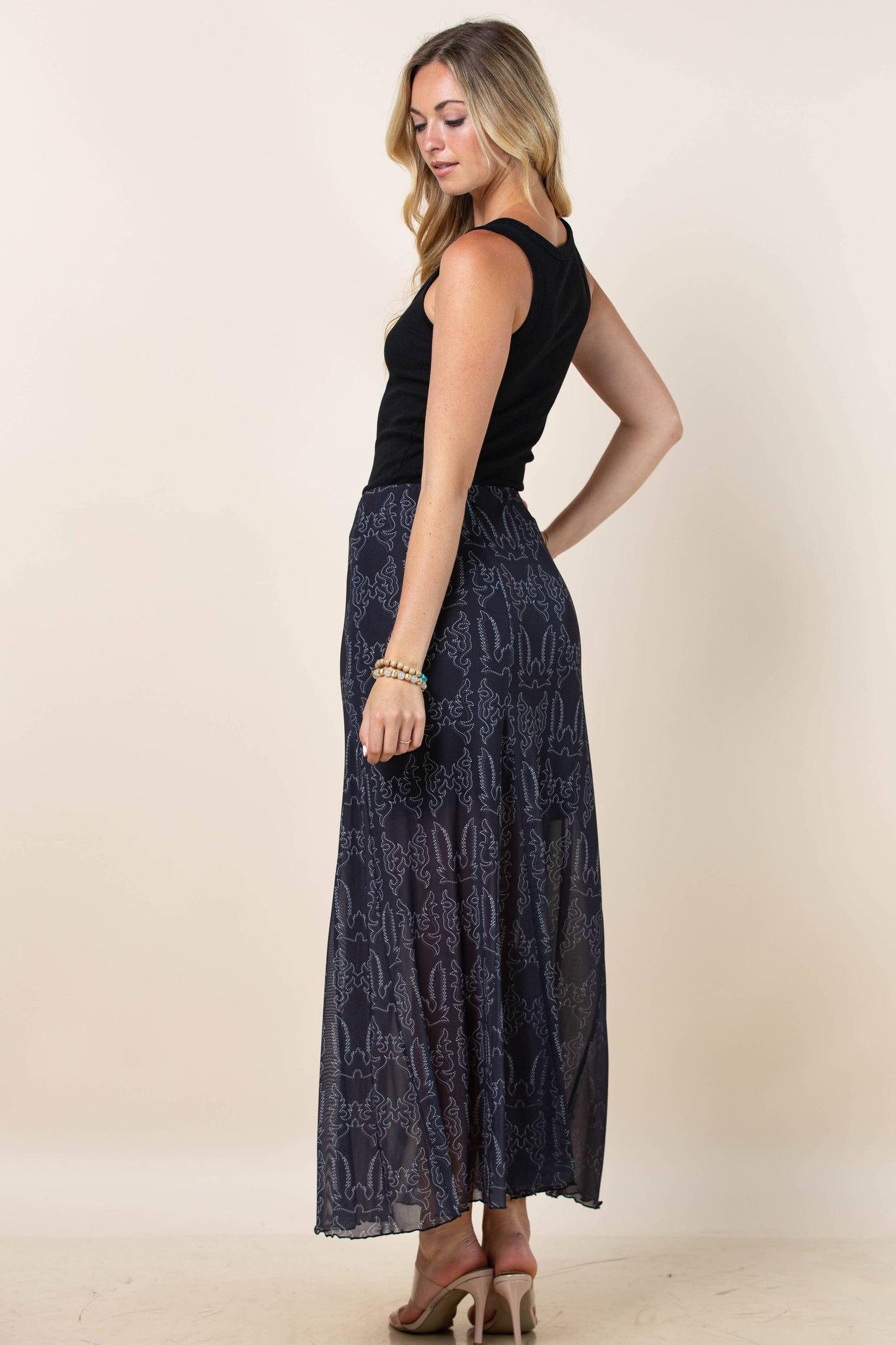 Montana Boho/Western Spirit Fashion:-REESE BOOTSTITCH PRINT A-LINE LINED MESH SKIRT