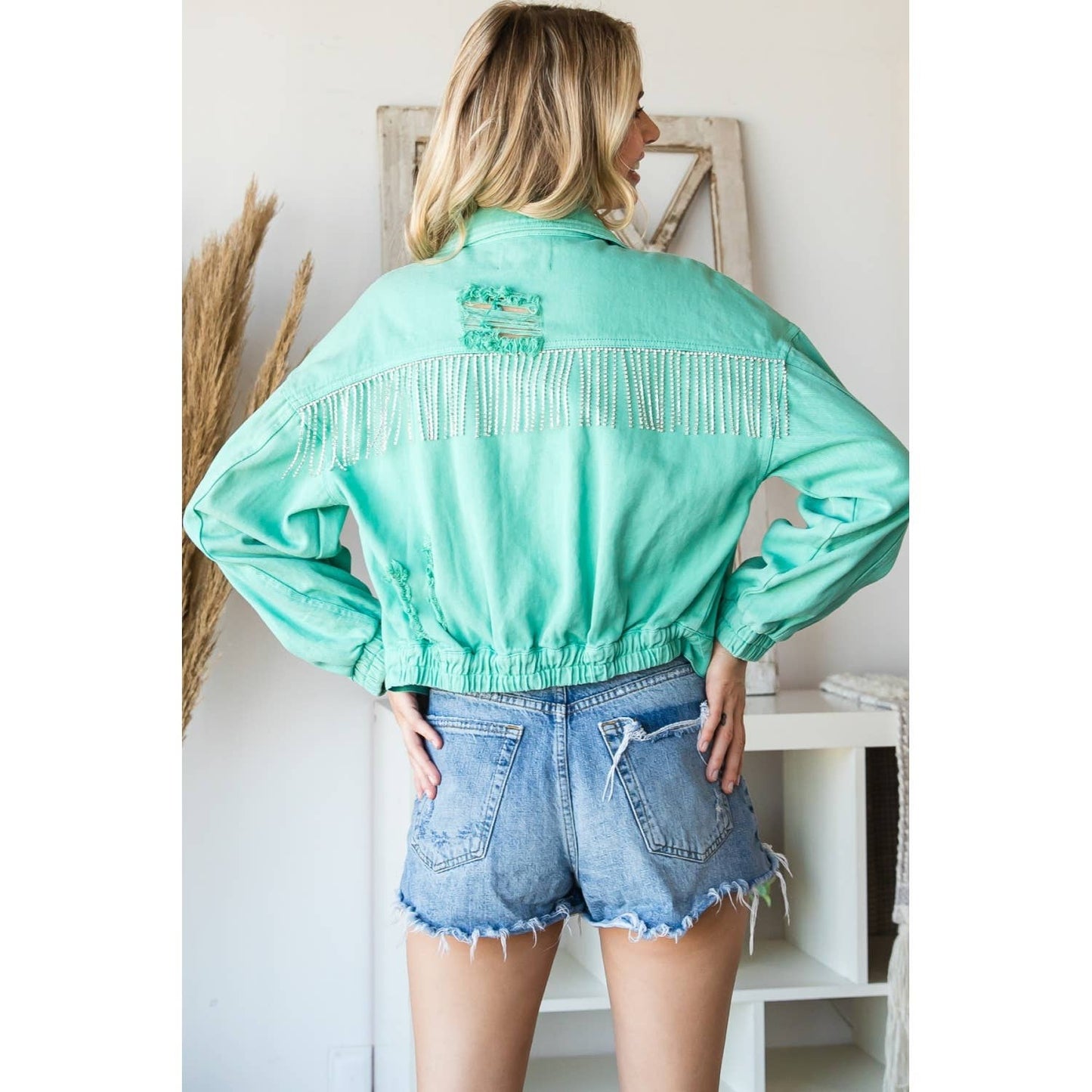Rhinestone Fringed Back Color Denim Jacket (Turquoise)