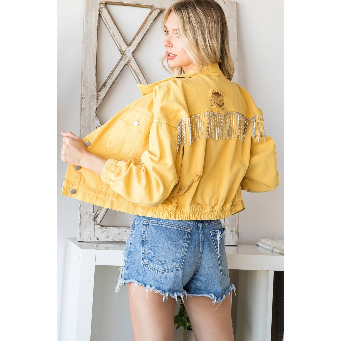 Rhinestone Fringed Back Color Denim Jacket (Turquoise)