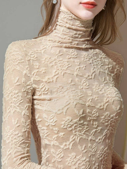 Montana Boho/Western Essentials: Sheer Mesh Floral Textured Lace Turtleneck Top