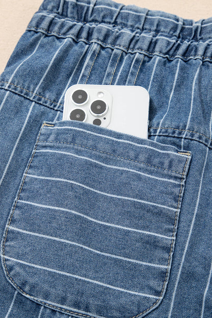 FREE SPIRIT DREAMER Series: Stripe Button Pleated Drawstring Waist Casual Wide Leg Jeans