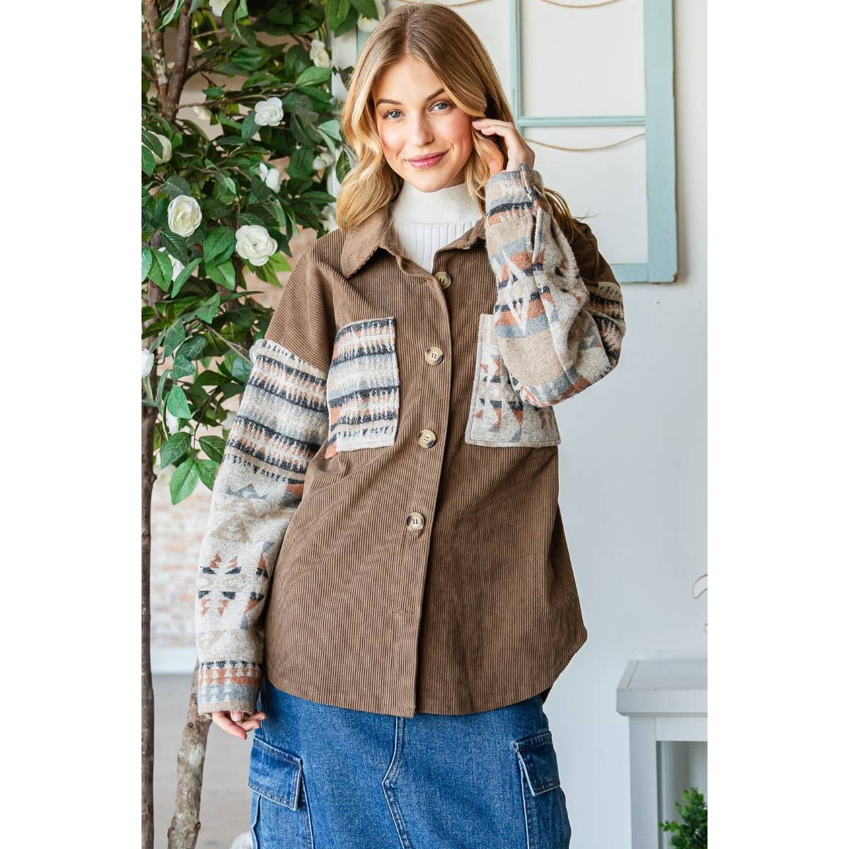 Shacket-Contrast Pattern Corduroy