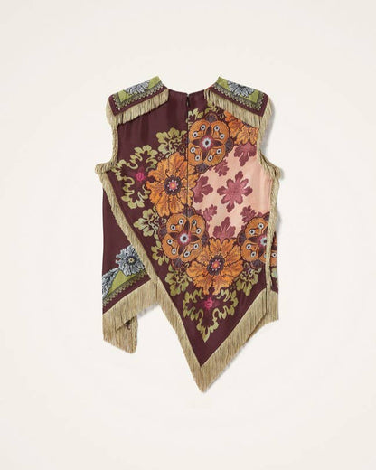 Boho Floral Print Asymmetric Tassel Trim Scarf Top