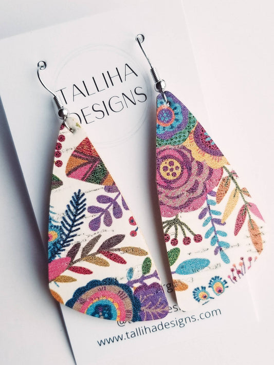Bright Floral Genuine Leather Backed Cork Wedge Earrings: Montana Boho Western Spirit Jewelry