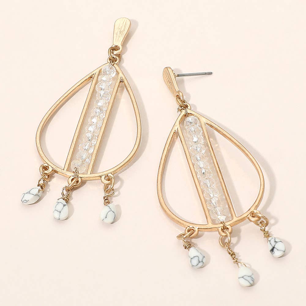Cut Out Metal Teardrop Triple Natural Stone Dangle Earrings: Montana Boho Western Spirit Jewelry