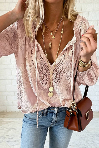 Lace Long Sleeve Tie V Neck Blouse Light Pink — Montana Boho