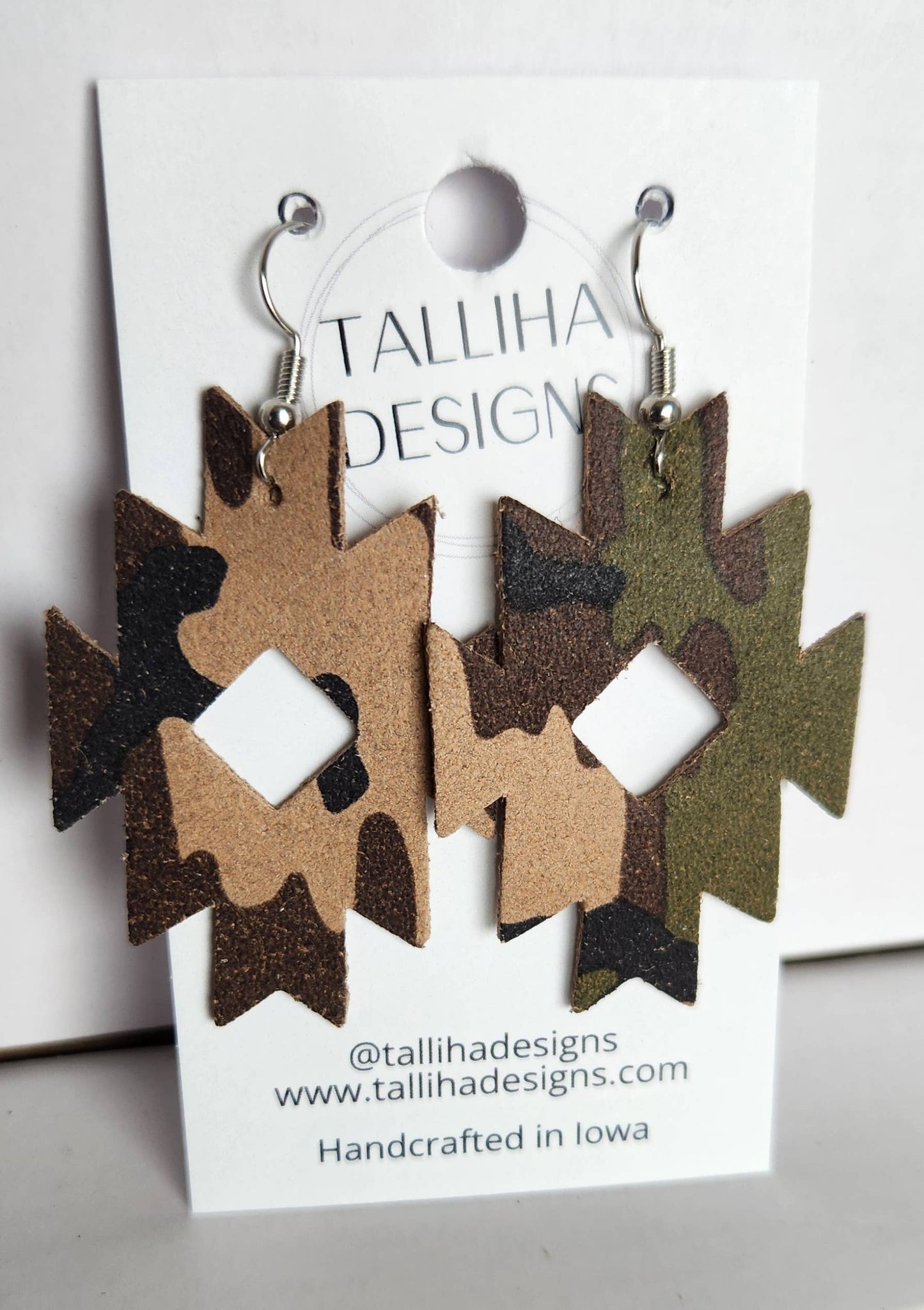 Camouflage Genuine Leather Boho Western Aztec Earrings—Montana Boho Western Spirit Jewelry: