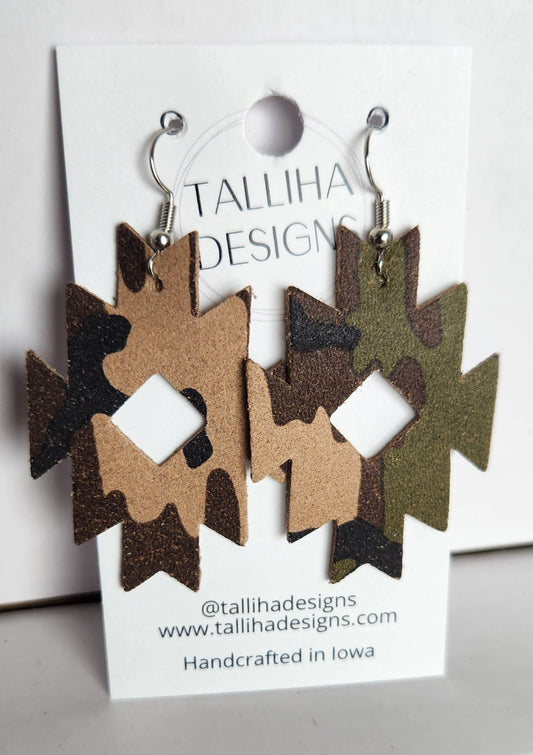 Camouflage Genuine Leather Boho Western Aztec Earrings—Montana Boho Western Spirit Jewelry: