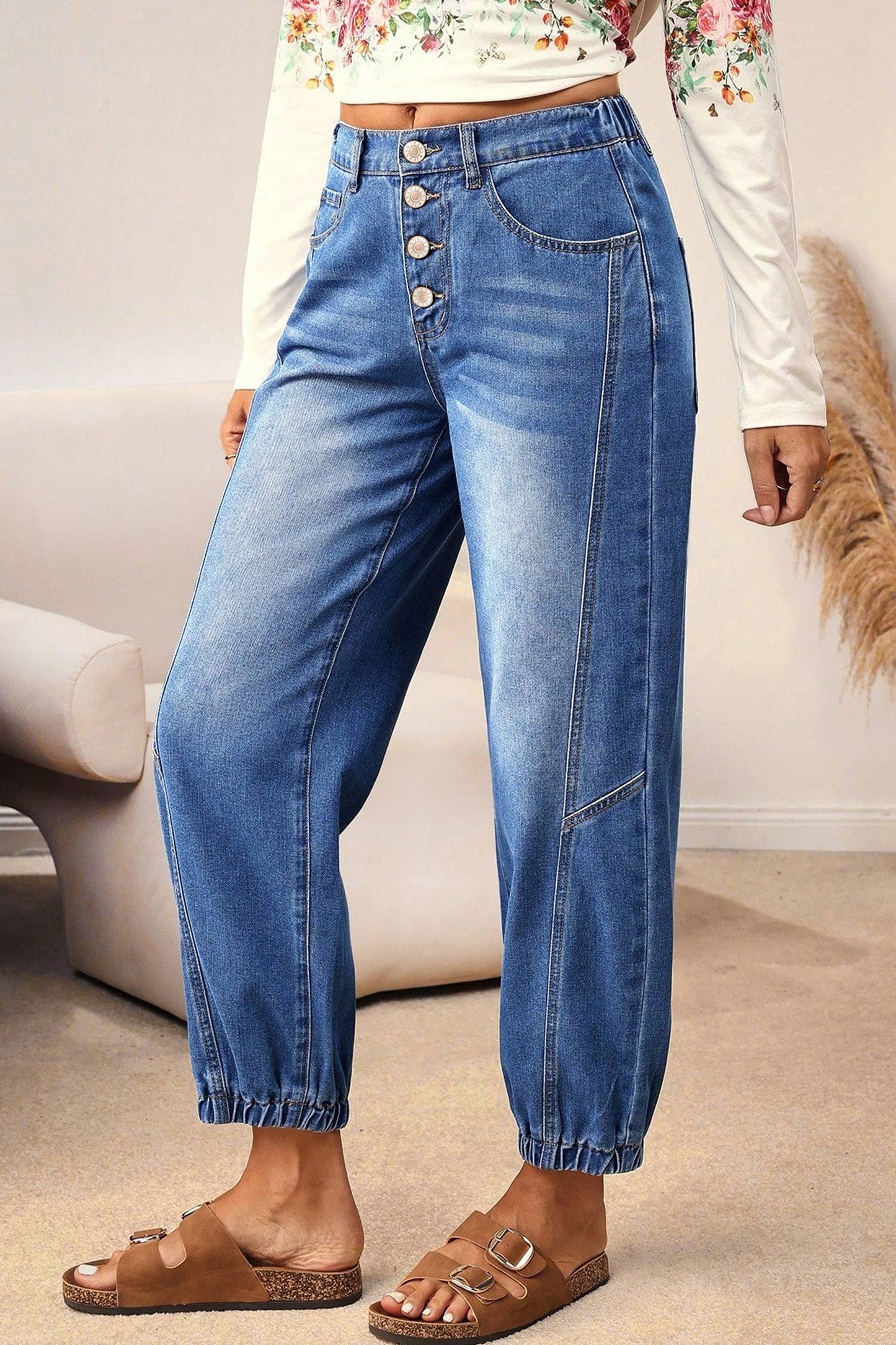 Jeans: Buttons Front Tapered Casual Loose Fit Jeans